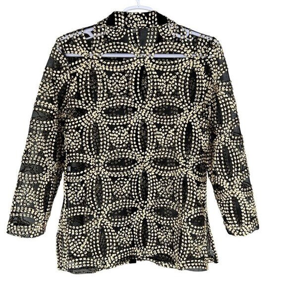 Chicos Travelers Collection 2/ L Black Sheer Gold Needle Stitch Button Up Jacket - Picture 7 of 16